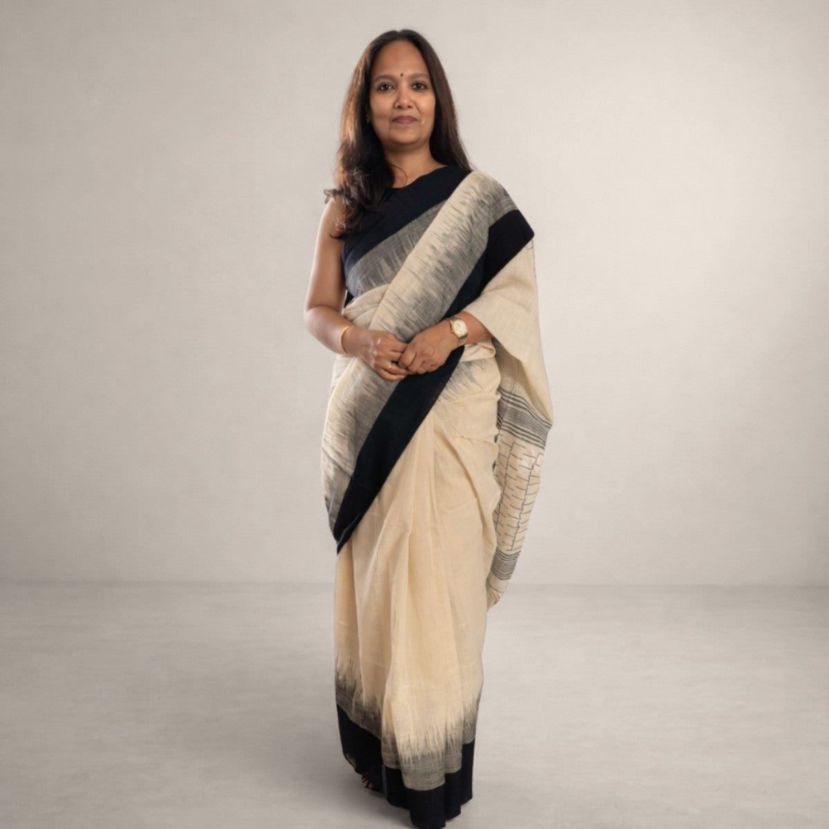 Ivory & Black Handloom Cotton Saree
