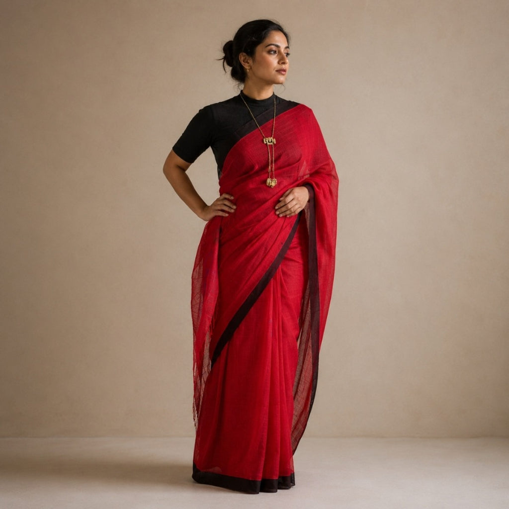 Crimson Red Handloom Cotton Saree