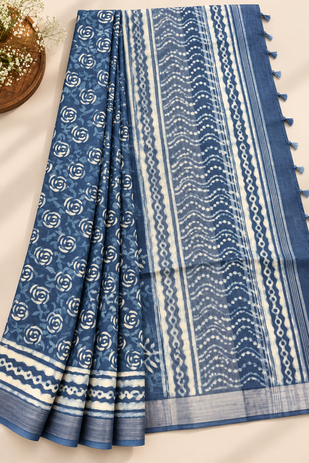 Indigo Bloom Linen Saree