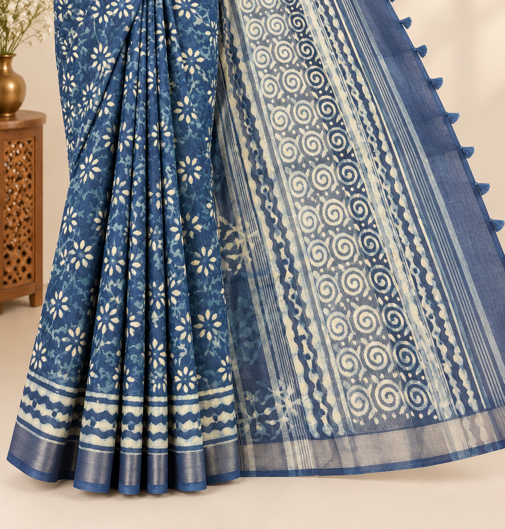 Indigo Floral Handloom Saree
