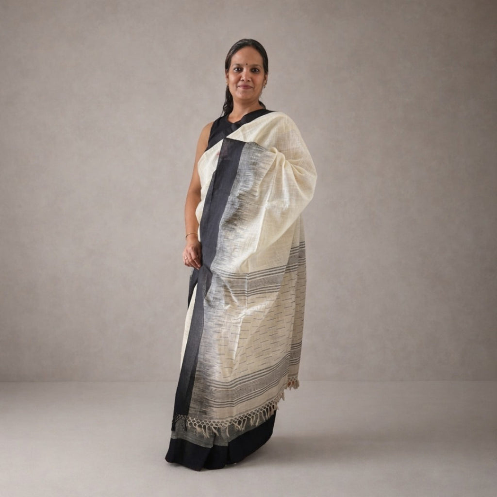Ivory & Black Handloom Cotton Saree