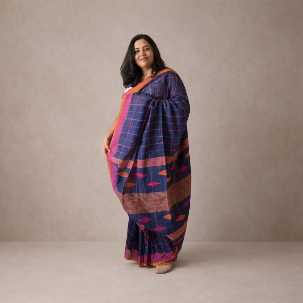 Navy Blue Checked Handloom Cotton Saree