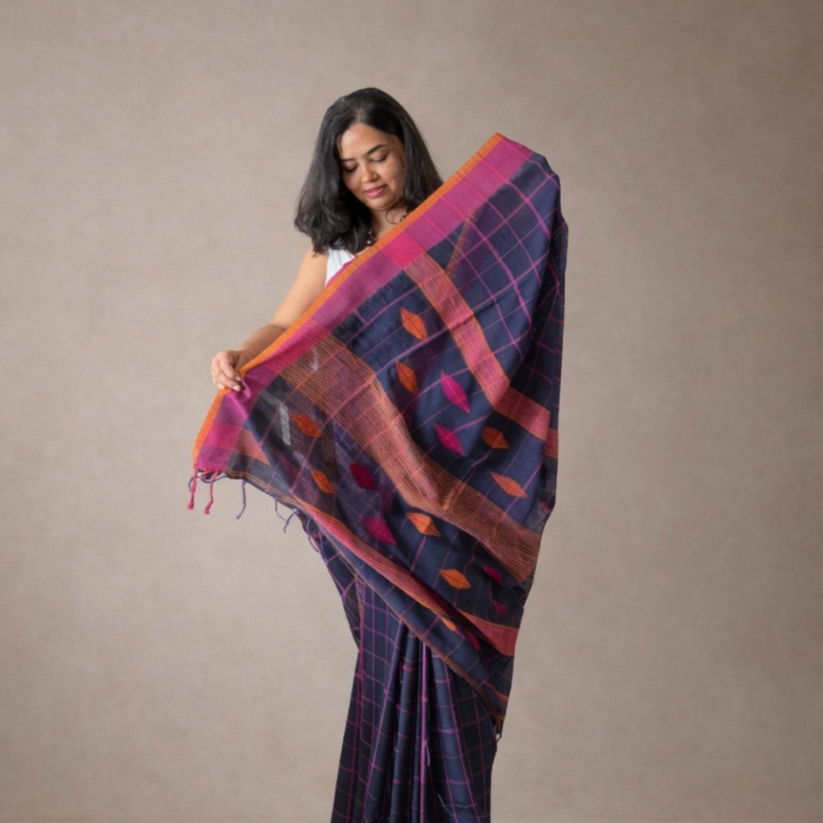 Navy Blue Checked Handloom Cotton Saree