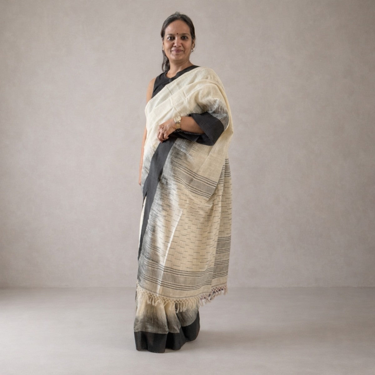 Ivory & Black Handloom Cotton Saree