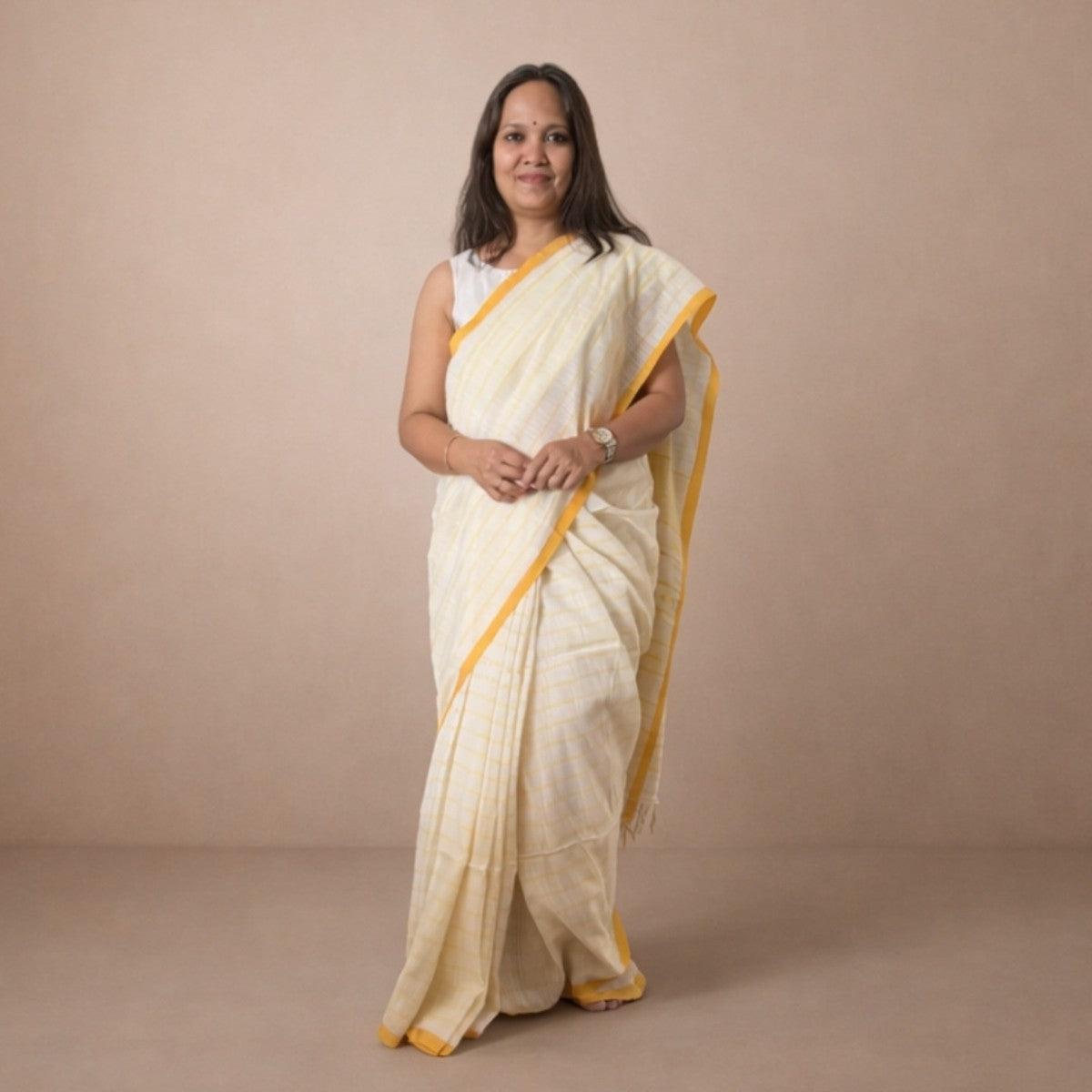 Ivory & Sunshine Yellow Handloom Cotton Saree