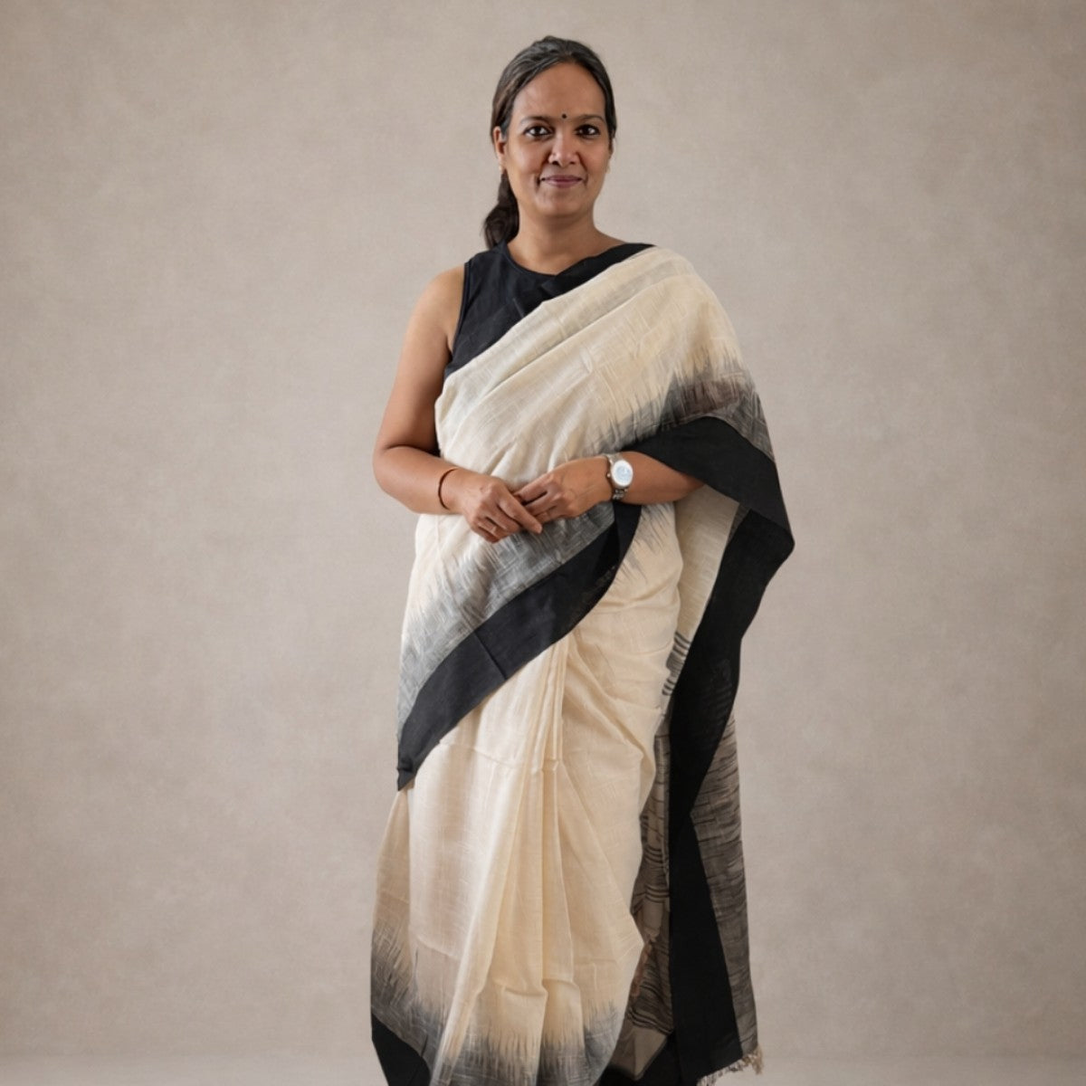Ivory & Black Handloom Cotton Saree
