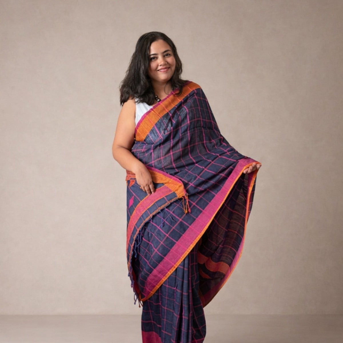 Navy Blue Checked Handloom Cotton Saree