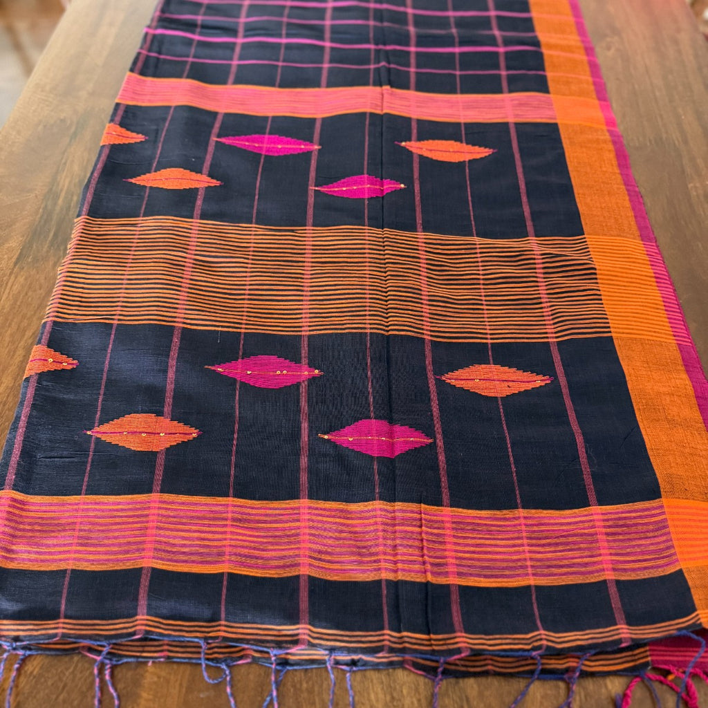 Navy Blue Checked Handloom Cotton Saree