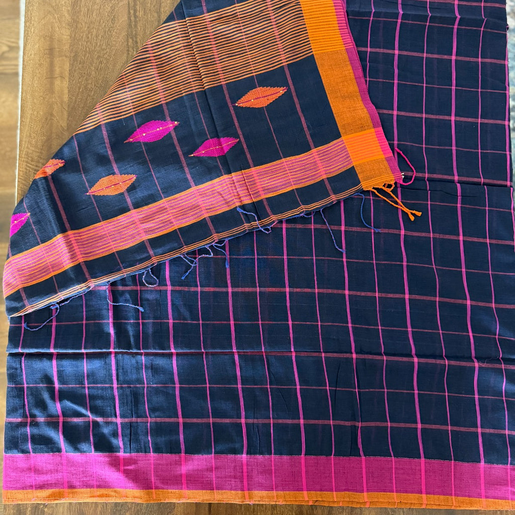 Navy Blue Checked Handloom Cotton Saree