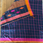 Navy Blue Checked Handloom Cotton Saree