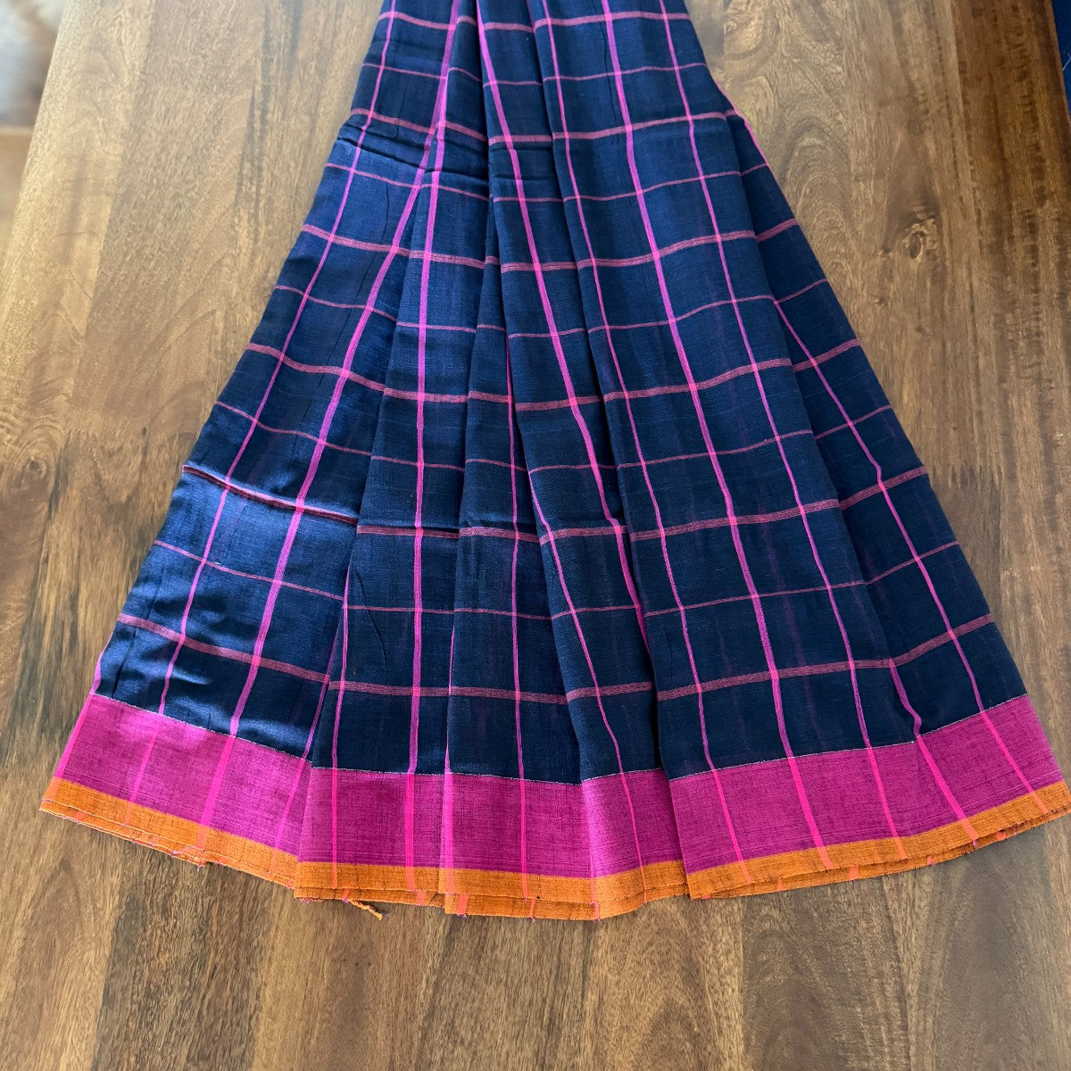 Navy Blue Checked Handloom Cotton Saree
