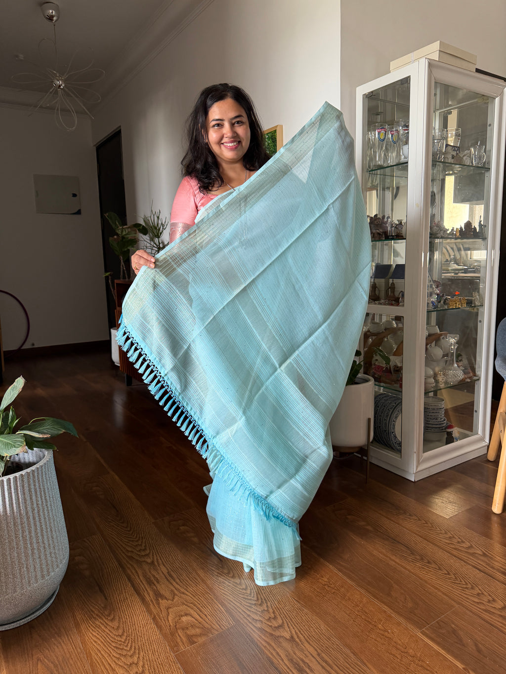 Aqua Blue Linen Saree