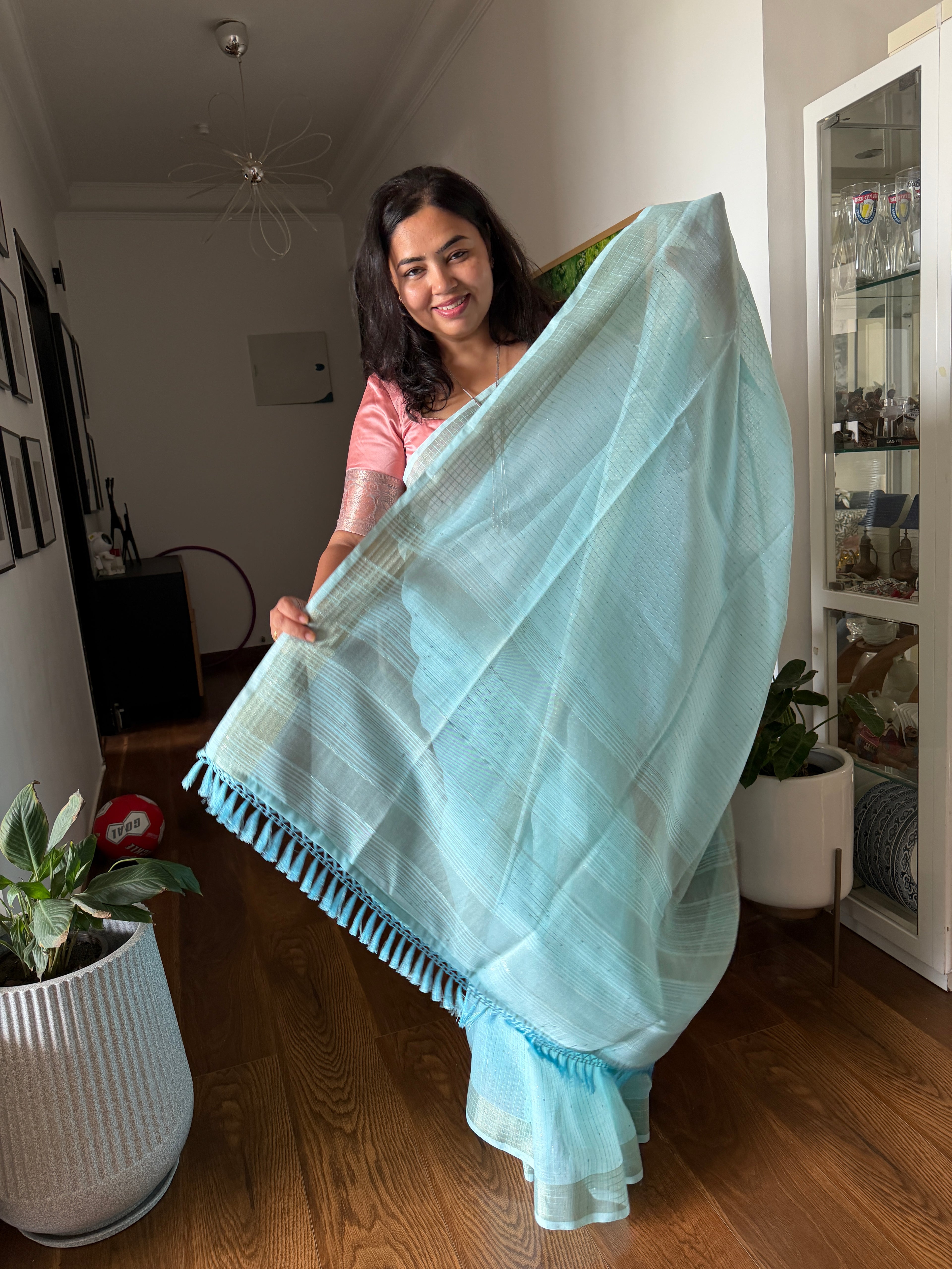 Aqua Blue Linen Saree