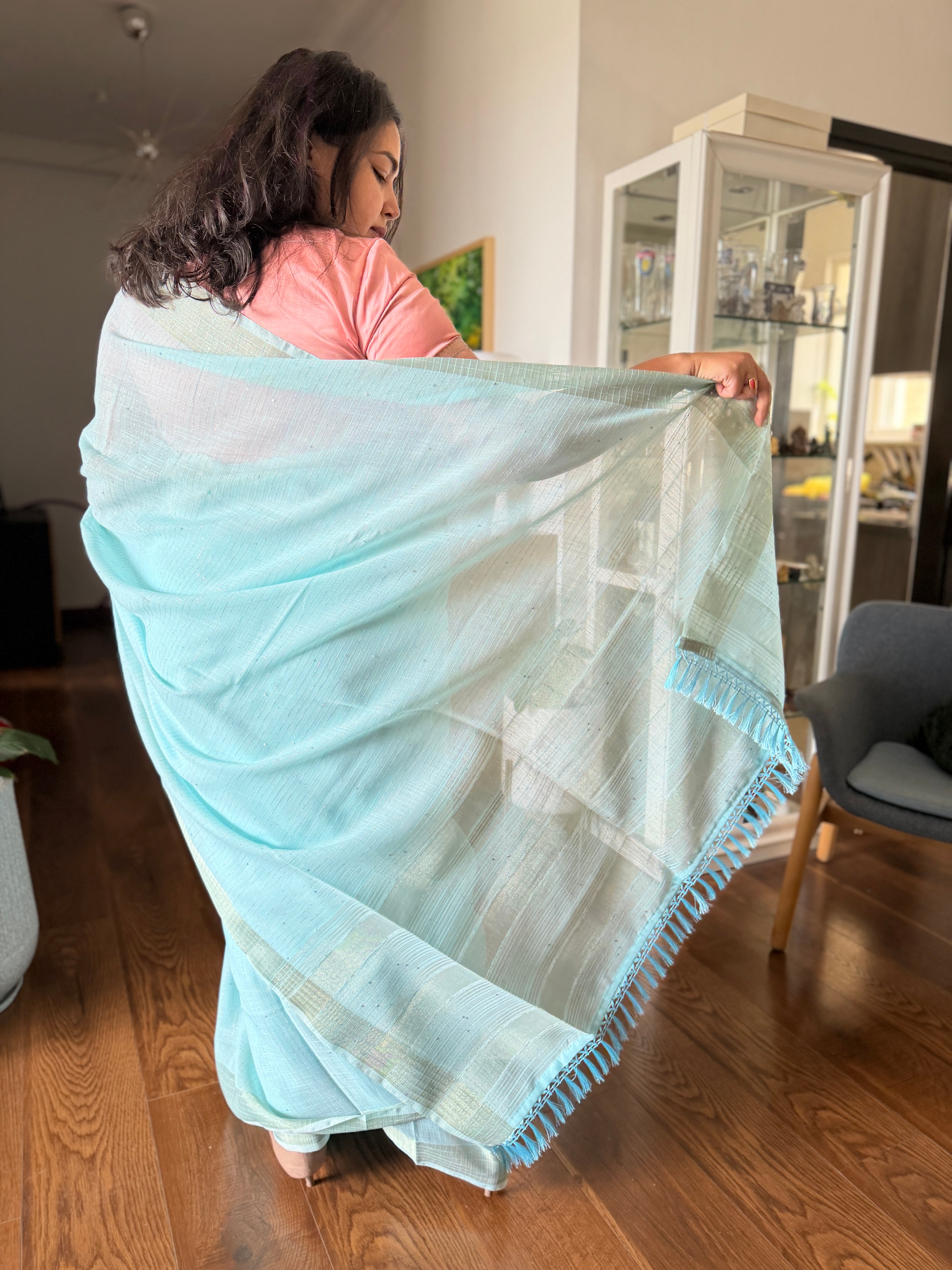 Aqua Blue Linen Saree