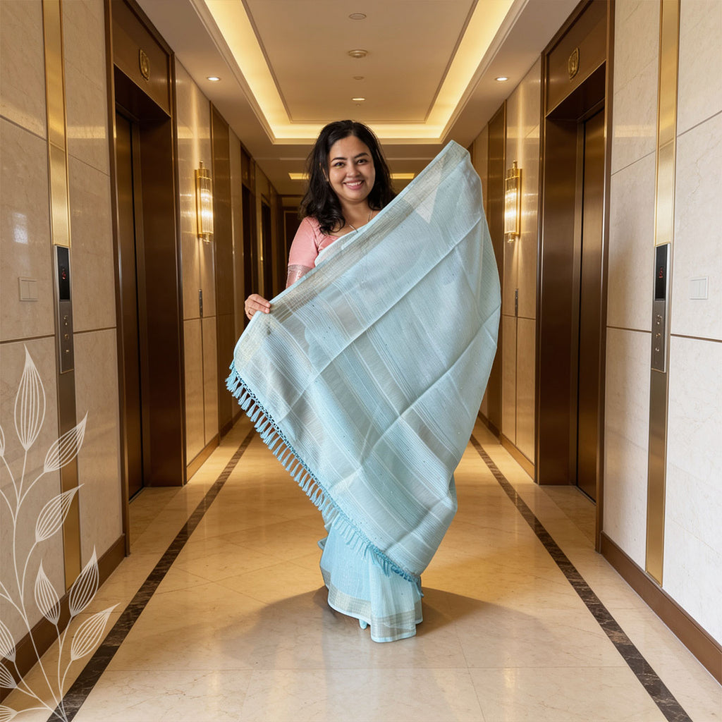 Aqua Blue Linen Saree