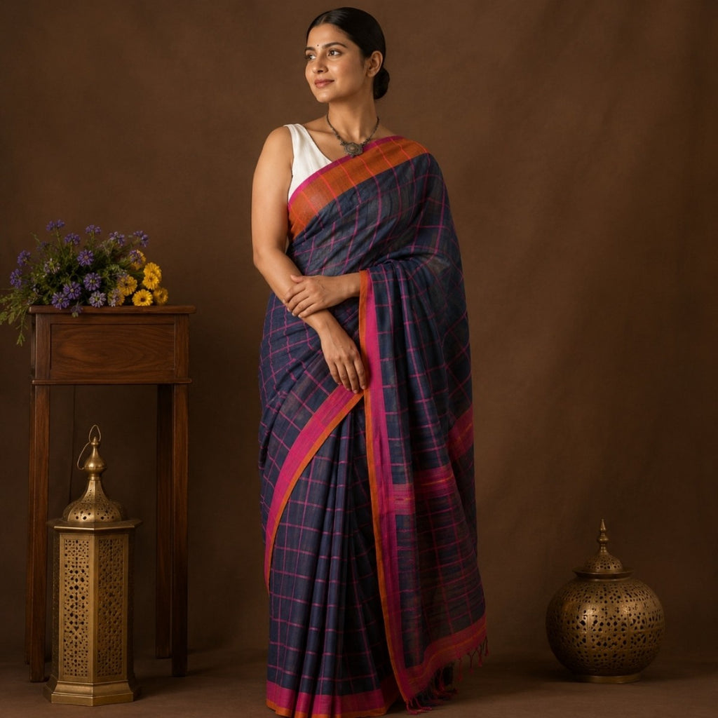 Navy Blue Checked Handloom Cotton Saree