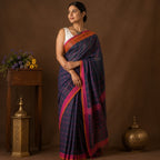 Navy Blue Checked Handloom Cotton Saree