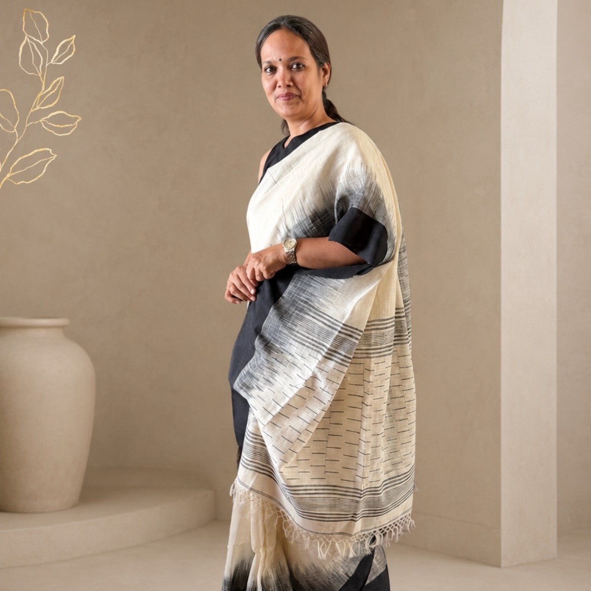 Ivory & Black Handloom Cotton Saree