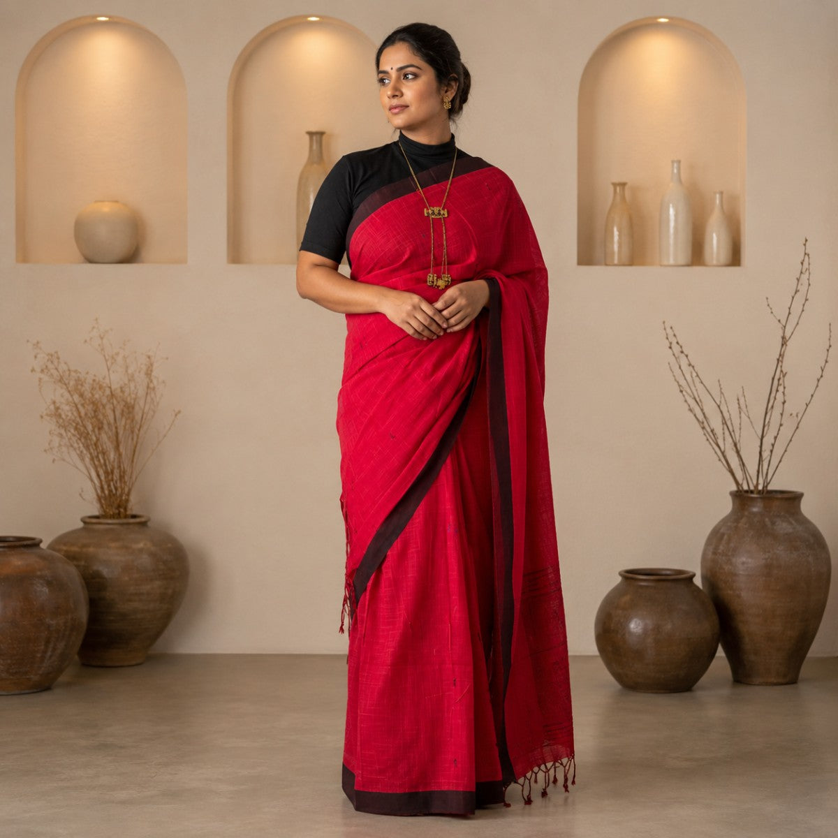 Crimson Red Handloom Cotton Saree